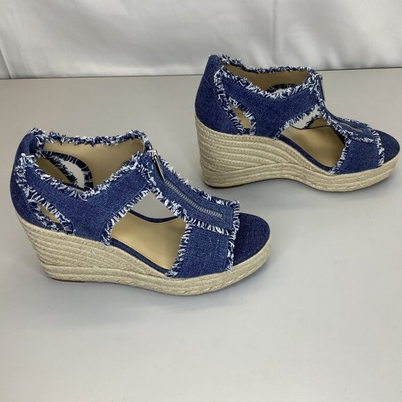 Michael Kors Women’s Berkley Wedge Sandals – Frayed Denim with Front Zipper – Si - Picture 1 of 1